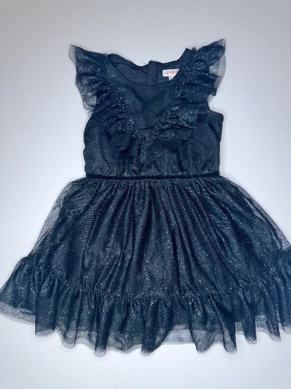 Cat & Jack Girls Black Sparkle Tulle Party Dress Size 4/5 ruffle sleeves